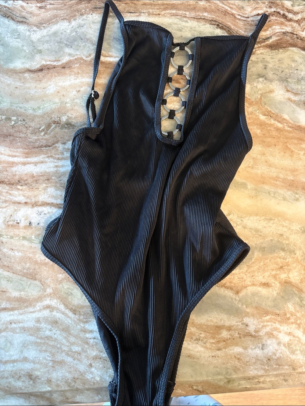 Black Ribbed One-Piece Swimsuit with Ring Detail